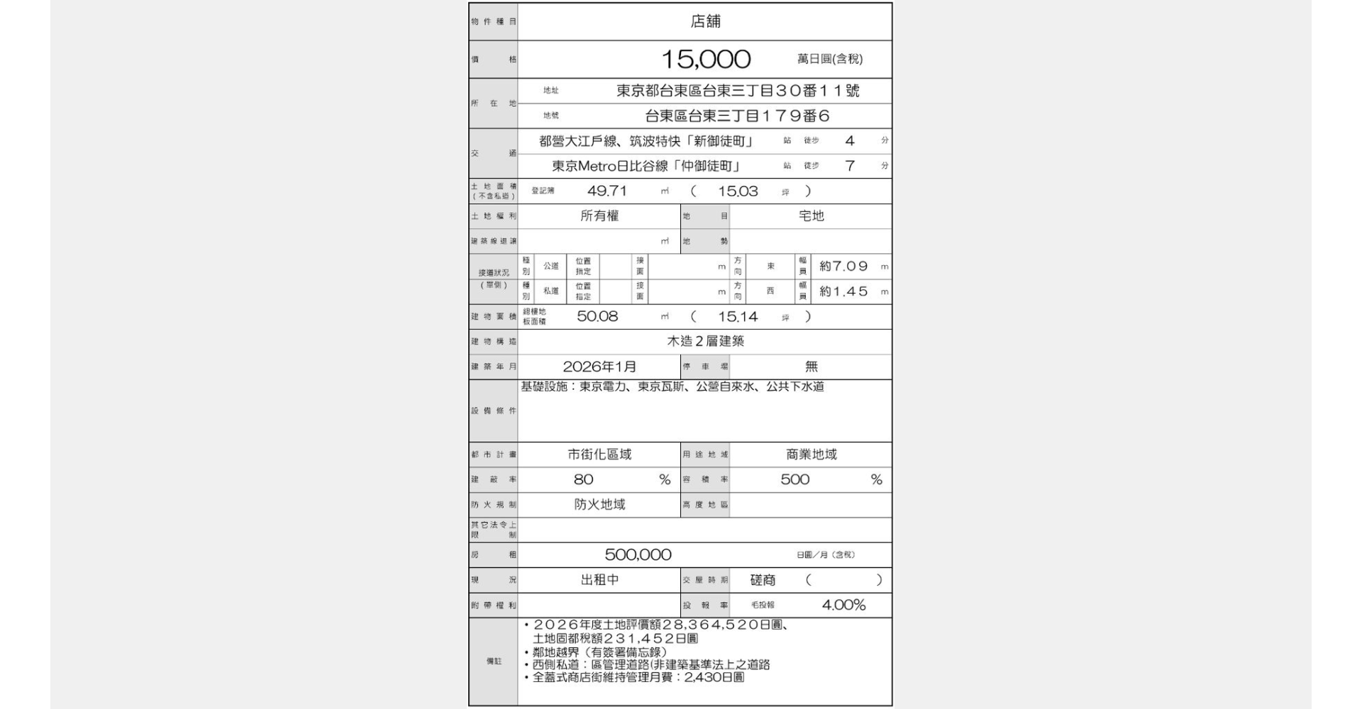 新御徒町-物件概要書(橫幅) - 陳明駿